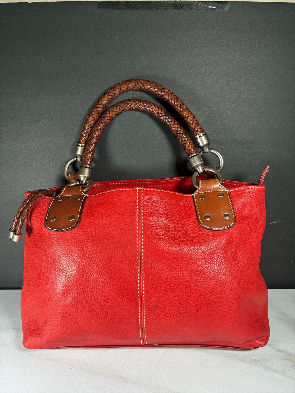 Fossil 75082 Red Pebbled Leather Satchel with Dual Braided Brown Handles VTG